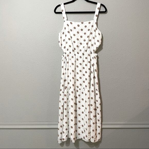 Somewhere Lately The Drop White Polka Dot Midi Dress Side Cut Outs Womens M - Picture 1 of 12